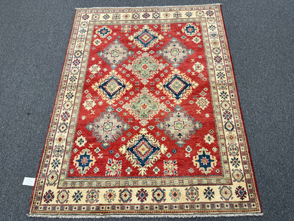 Red Geometric Kazak 5X7 Handmade Oriental Rug # 13838