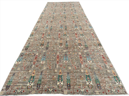 Gray Gabbeh Tree of Life 11X32 Handmade Wool Rug # 14049