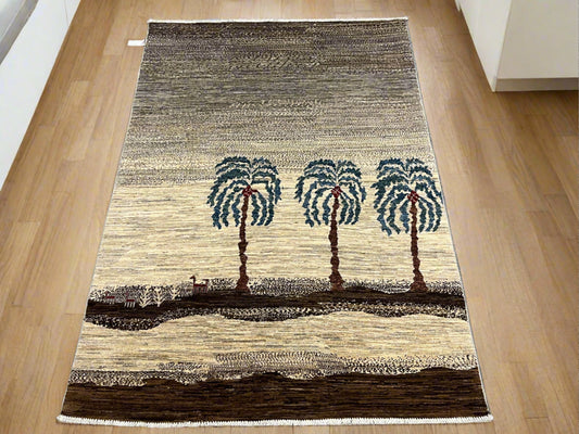 Tribal Palm Trees 5X7 Handmade Wool Rug # 12946