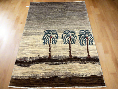 Tribal Palm Trees 5X7 Handmade Wool Rug # 12946