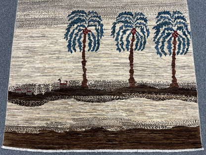 Tribal Palm Trees 5X7 Handmade Wool Rug # 12946