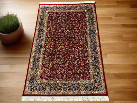 5X8 Red Silk Handloom Multicolor Rug # 14542