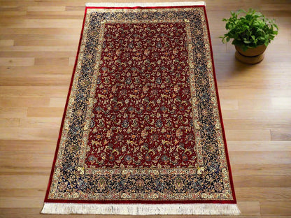 5X8 Red Silk Handloom Multicolor Rug # 14542