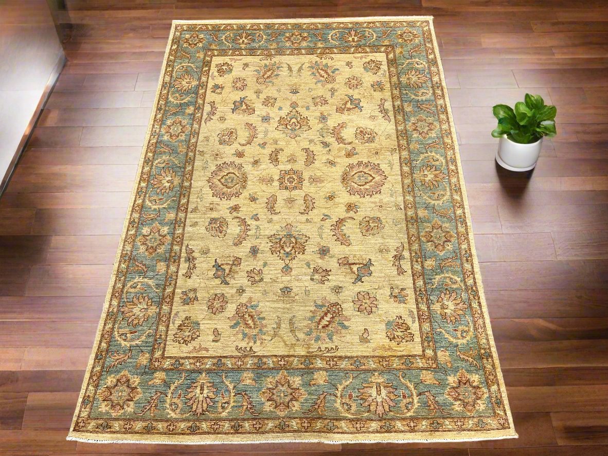 Beige/Light Blue Chobi 6X9 Handmade Wool Rug