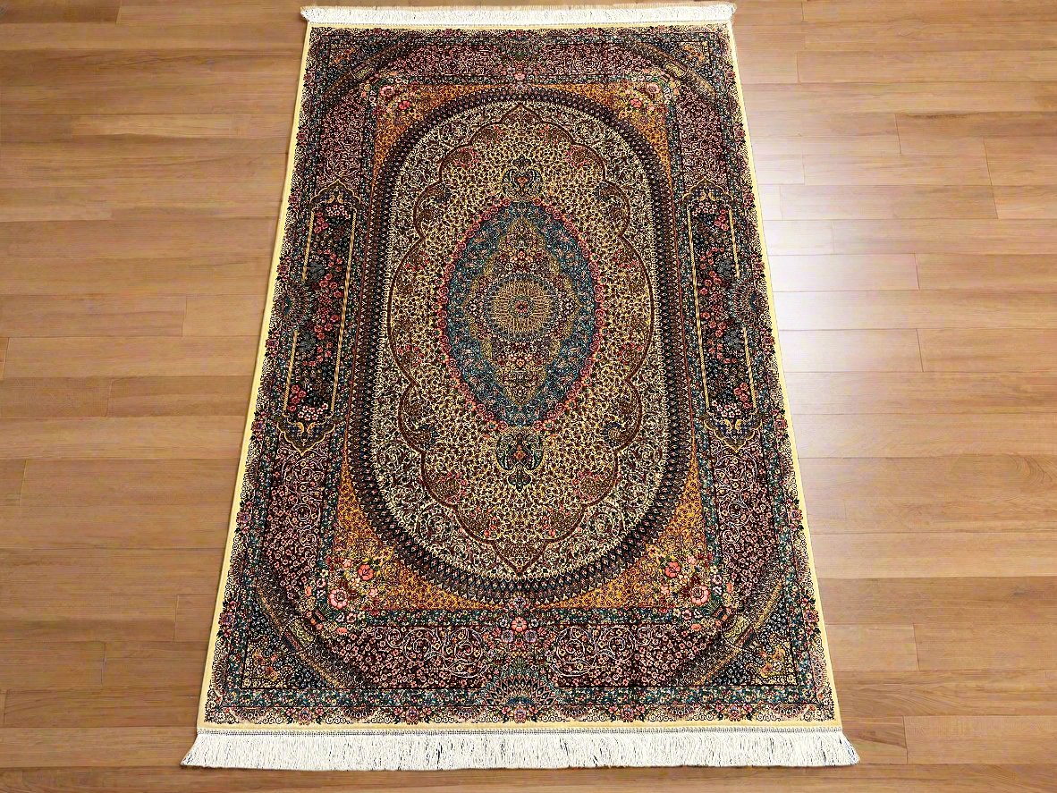 5X8 Silk Handloom Beige Multicolor Rug # 14539