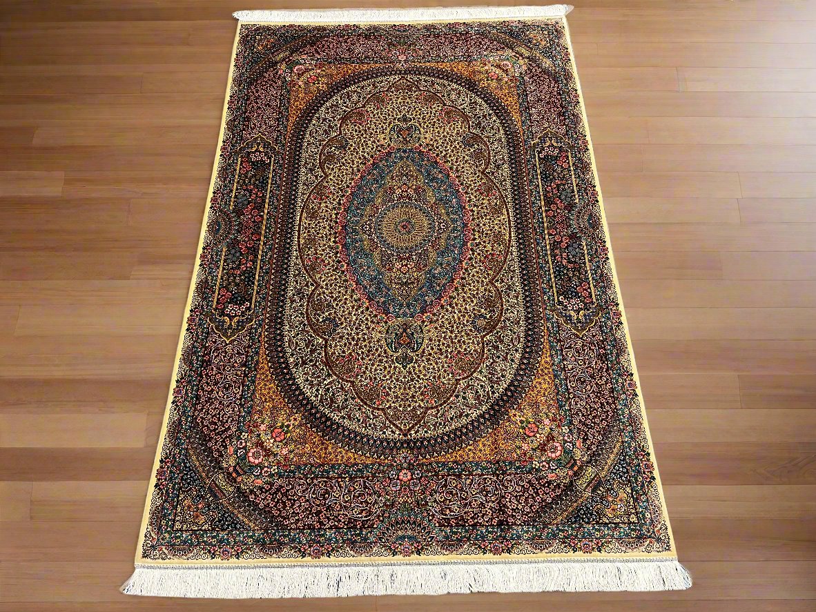 5X8 Silk Handloom Beige Multicolor Rug # 14539