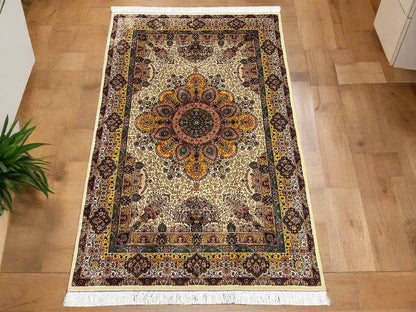 5X8 Silk Handloom Beige Multicolor Rug # 14540