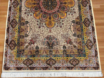 5X8 Silk Handloom Beige Multicolor Rug # 14540