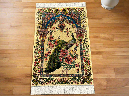 3X4 Silk Handloom Peacock Multicolor Rug # 14549