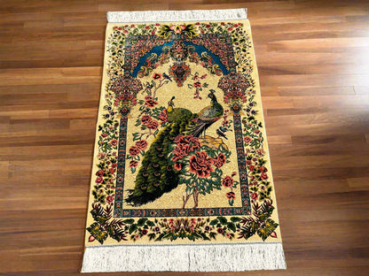 3X4 Silk Handloom Peacock Multicolor Rug # 14549