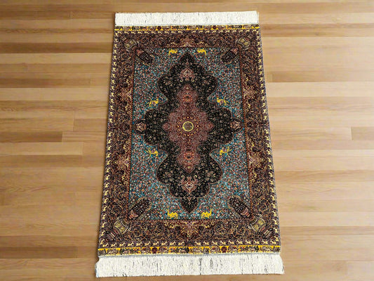 3X4 Silk Handloom Light Blue Multicolor Rug # 14551