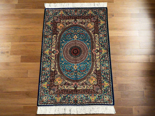 3X4 Silk Handloom Light Blue Multicolor Rug # 14553