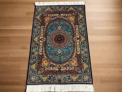 3X4 Silk Handloom Light Blue Multicolor Rug # 14553