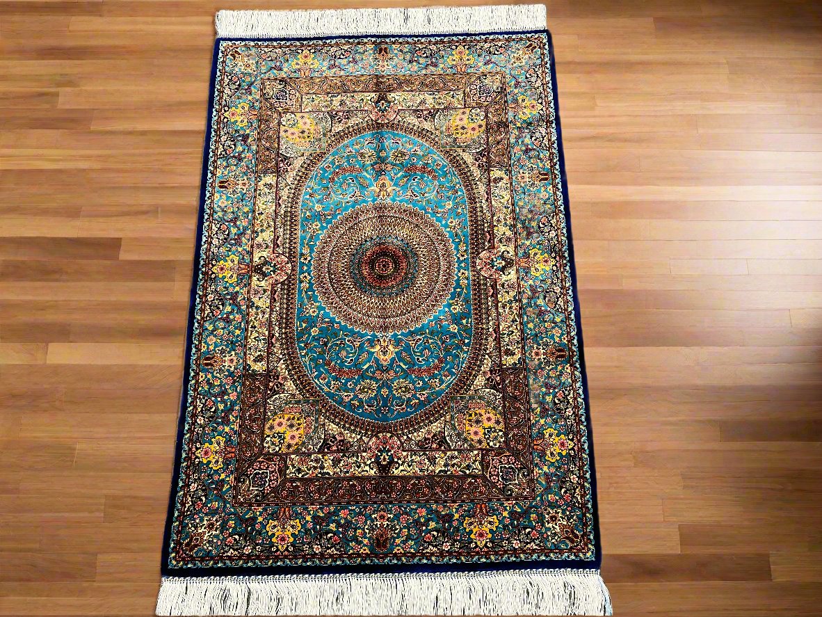 3X4 Silk Handloom Light Blue Multicolor Rug # 14553