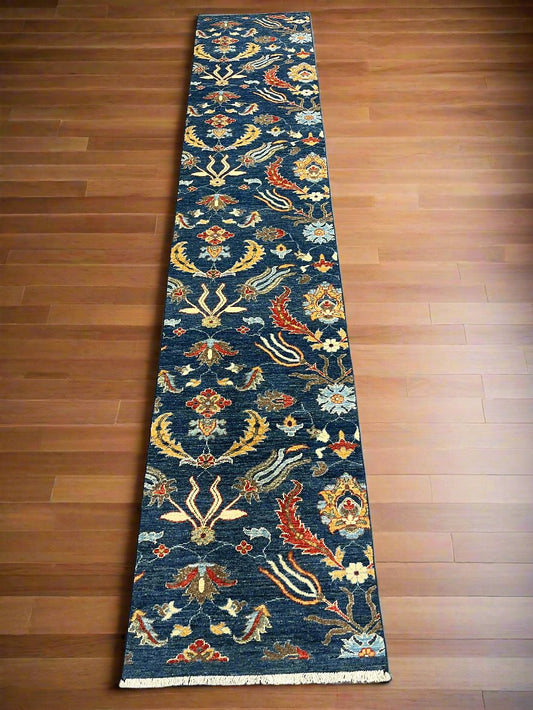 Navy floral 2' 6"X13 Handmade Wool Runner Rug # 14557