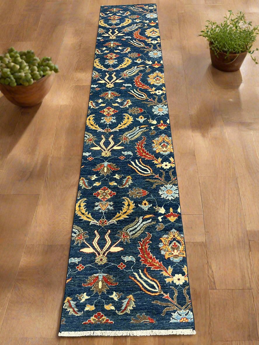 Navy floral 2' 6"X13 Handmade Wool Runner Rug # 14555