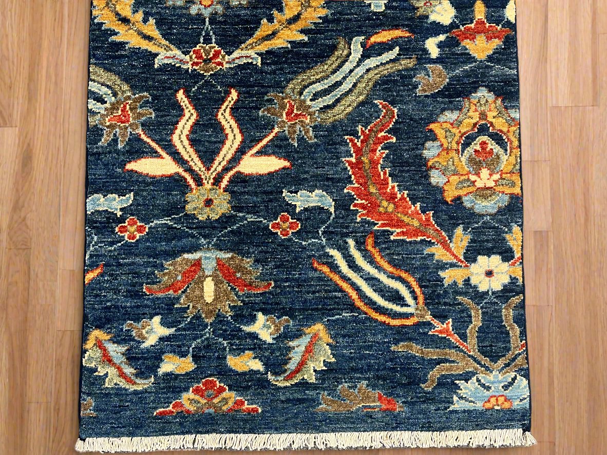 Navy floral 2' 6"X13 Handmade Wool Runner Rug # 14555