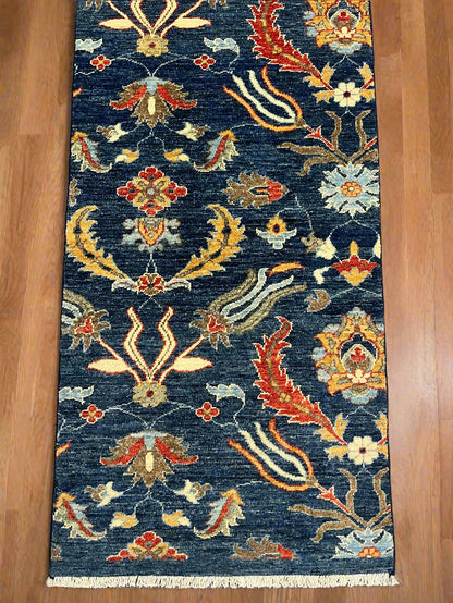 Navy floral 2' 6"X13 Handmade Wool Runner Rug # 14555