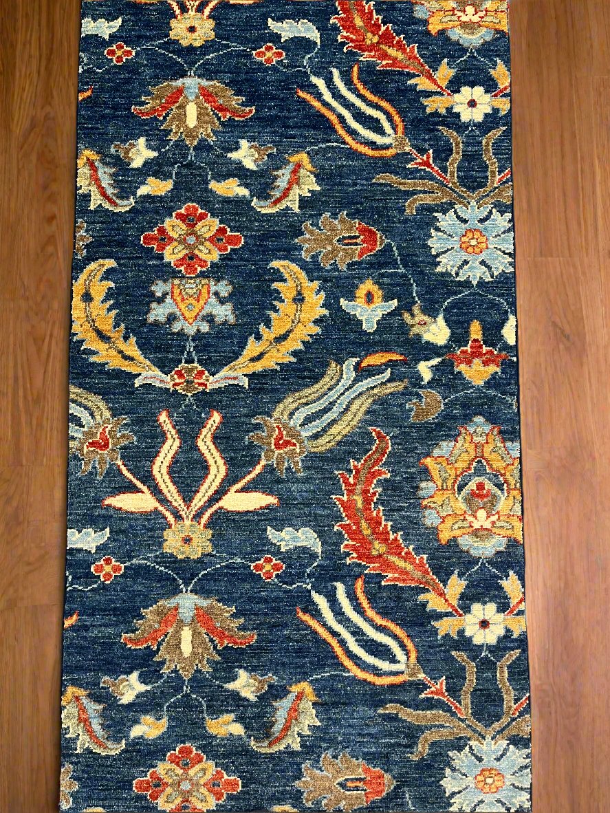 Navy floral 2' 6"X13 Handmade Wool Runner Rug # 14555