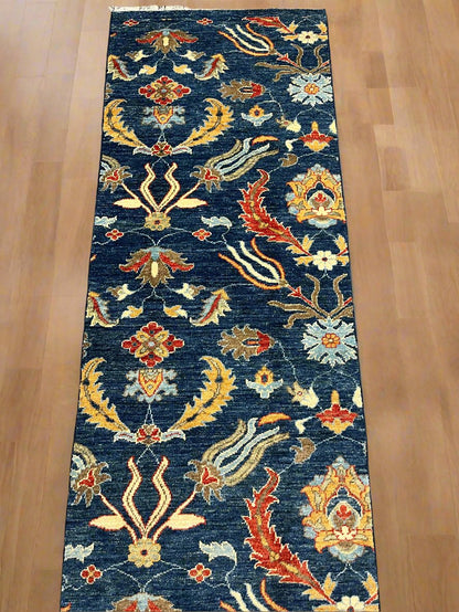 Navy floral 2' 6"X13 Handmade Wool Runner Rug # 14555