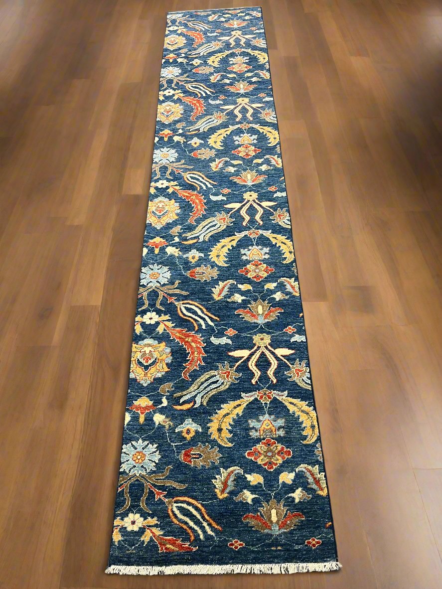 Navy floral 2' 6"X13 Handmade Wool Runner Rug # 14555