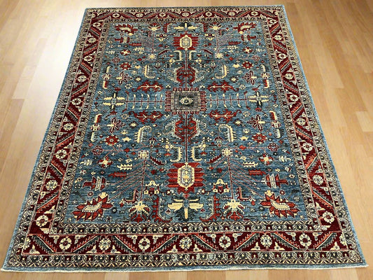 8X10 Afghan Serapi Light Blue/Red Handmade Wool Rug # 14488