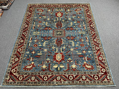 8X10 Afghan Serapi Light Blue/Red Handmade Wool Rug # 14488