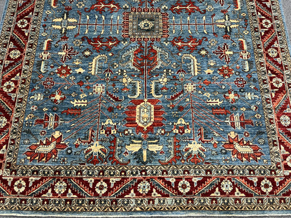 8X10 Afghan Serapi Light Blue/Red Handmade Wool Rug # 14488