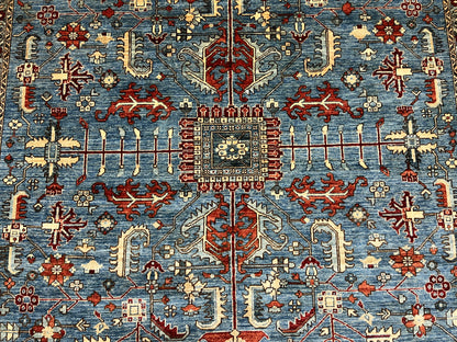 8X10 Afghan Serapi Light Blue/Red Handmade Wool Rug # 14488