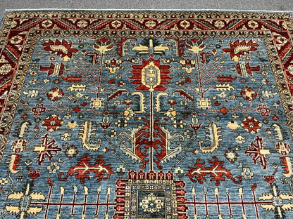 8X10 Afghan Serapi Light Blue/Red Handmade Wool Rug # 14488