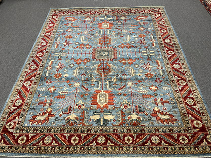 8X10 Afghan Serapi Light Blue/Red Handmade Wool Rug # 14488