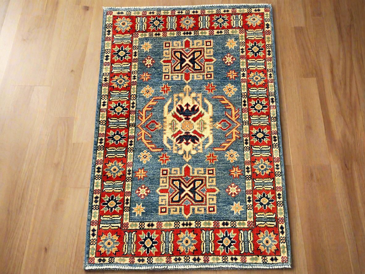 Geometric Light Blue Kazak 3X4 Handmade Wool Rug # 14475