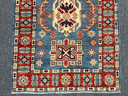 Geometric Light Blue Kazak 3X4 Handmade Wool Rug # 14475