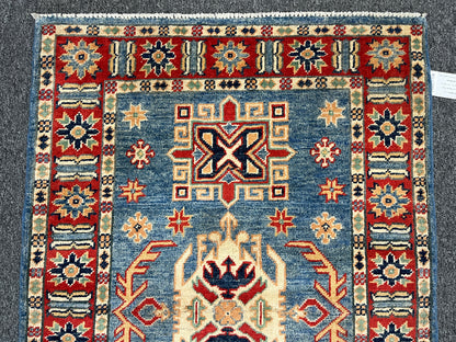 Geometric Light Blue Kazak 3X4 Handmade Wool Rug # 14475