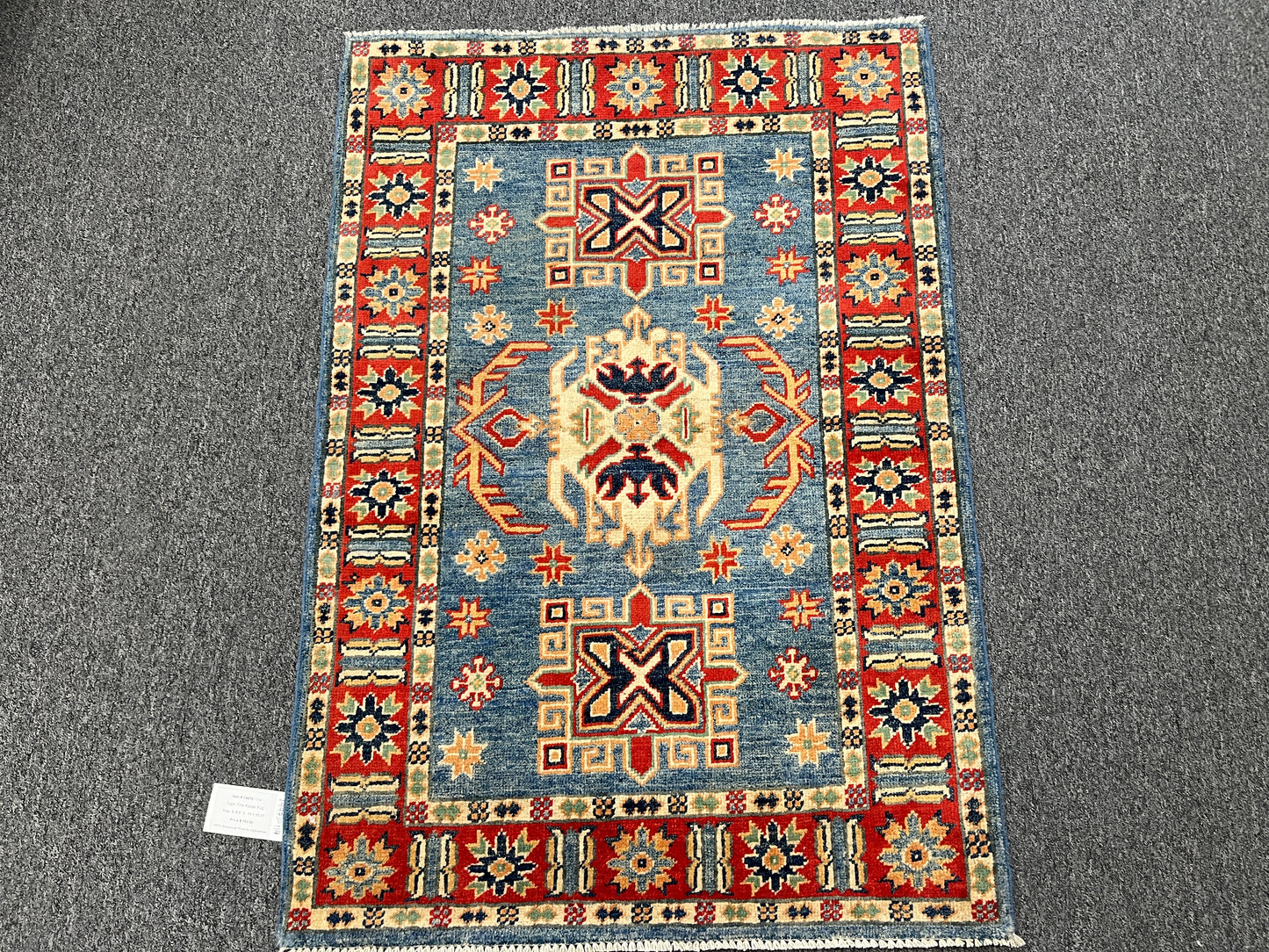 Geometric Light Blue Kazak 3X4 Handmade Wool Rug # 14475