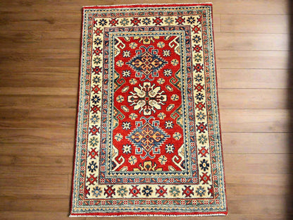 Geometric Red Kazak 3X4 Handmade Wool Rug # 14469