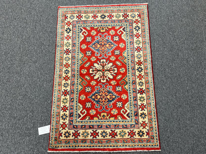 Geometric Red Kazak 3X4 Handmade Wool Rug # 14469