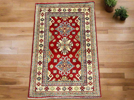 Geometric Red Kazak 3X4 Handmade Wool Rug # 14473