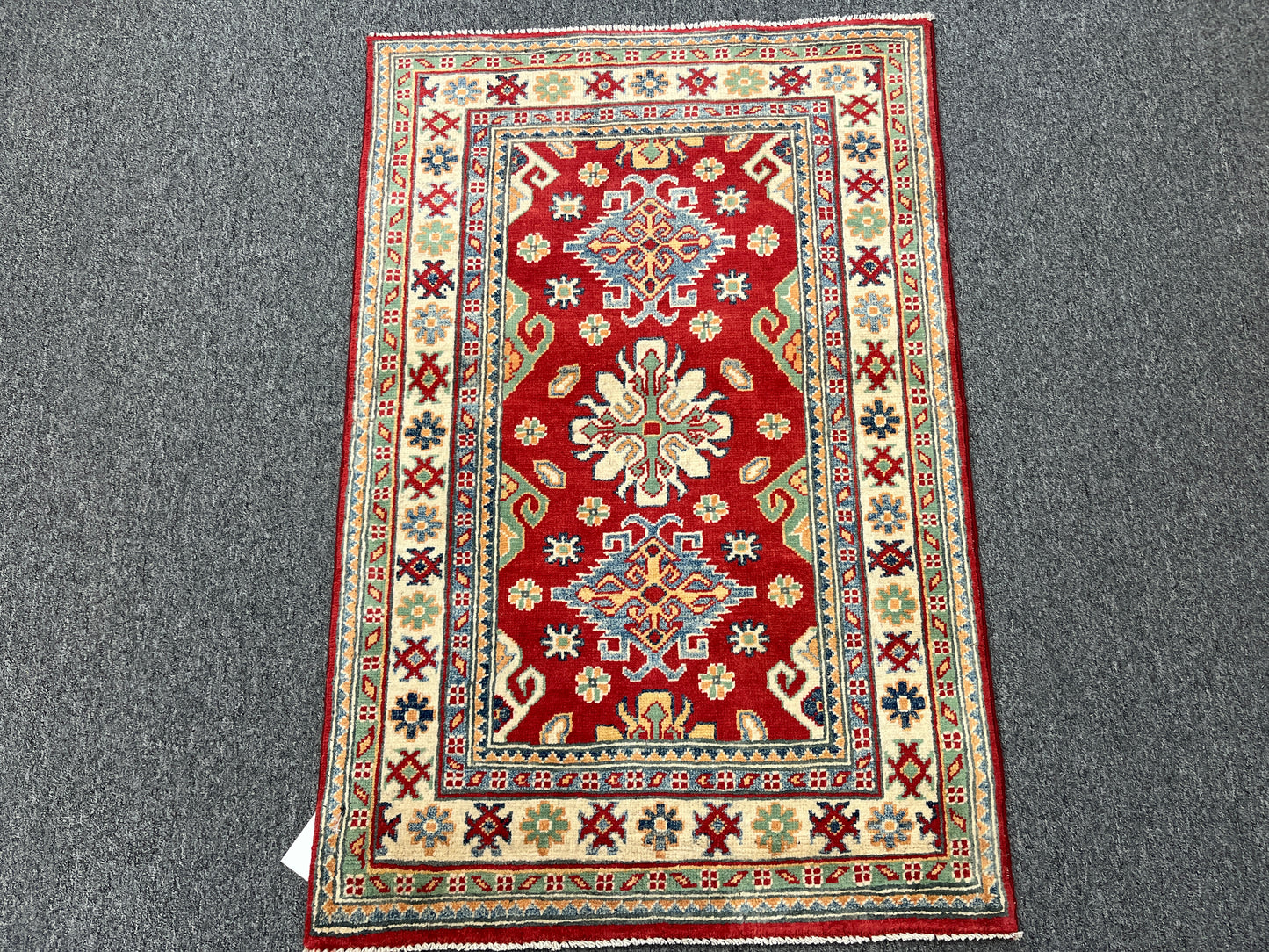 Geometric Red Kazak 3X4 Handmade Wool Rug # 14473