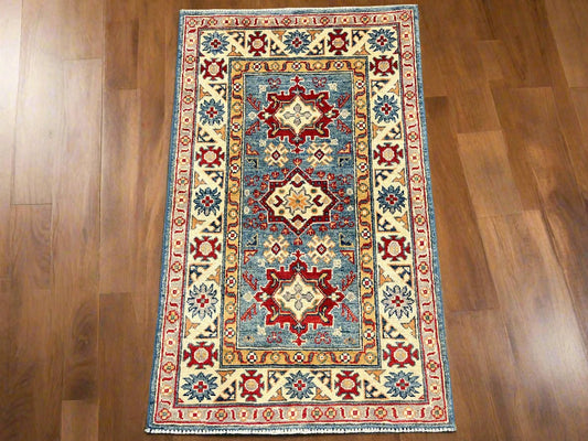 Geometric Light Blue Kazak 3X4 Handmade Wool Rug # 14467