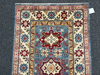 Geometric Light Blue Kazak 3X4 Handmade Wool Rug # 14467