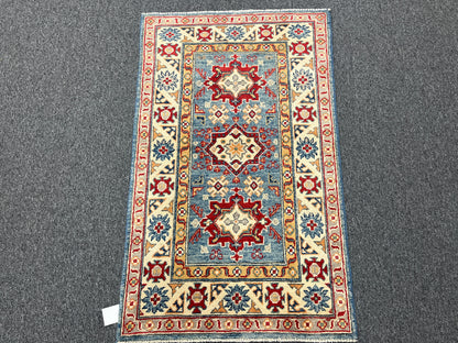 Geometric Light Blue Kazak 3X4 Handmade Wool Rug # 14467