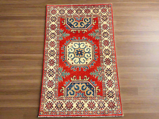 Geometric Red Kazak 3X4 Handmade Wool Rug # 14471