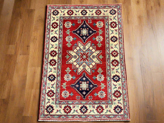 Geometric Red Kazak 3X4 Handmade Wool Rug # 14474