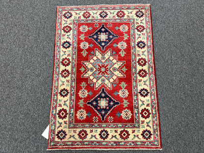 Geometric Red Kazak 3X4 Handmade Wool Rug # 14474