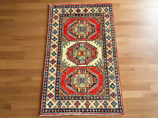 Geometric Red Kazak 3X4 Handmade Wool Rug # 14470