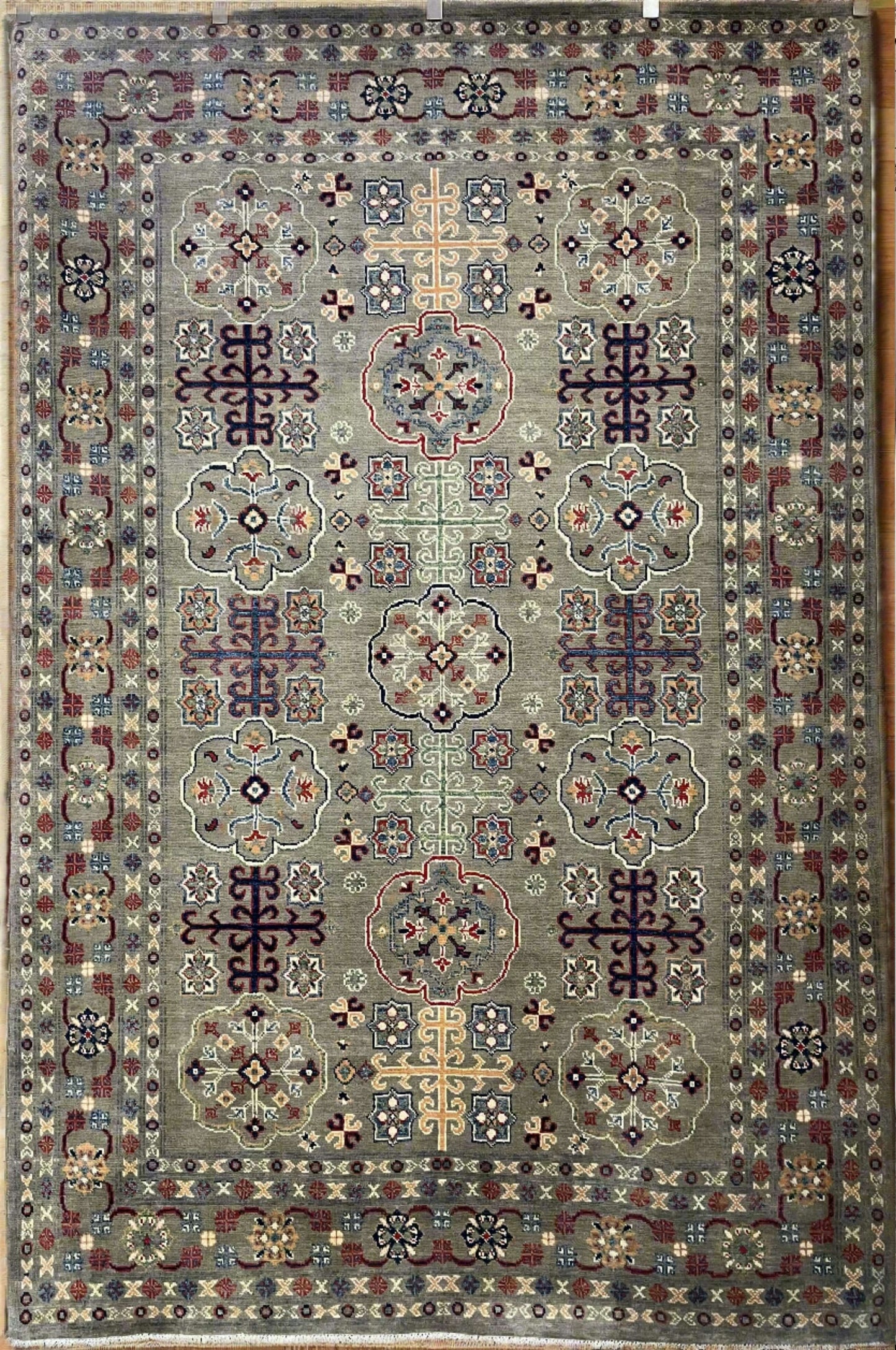 Kazak Gray Geometric 6x9 Handmade Wool Rug # 13654